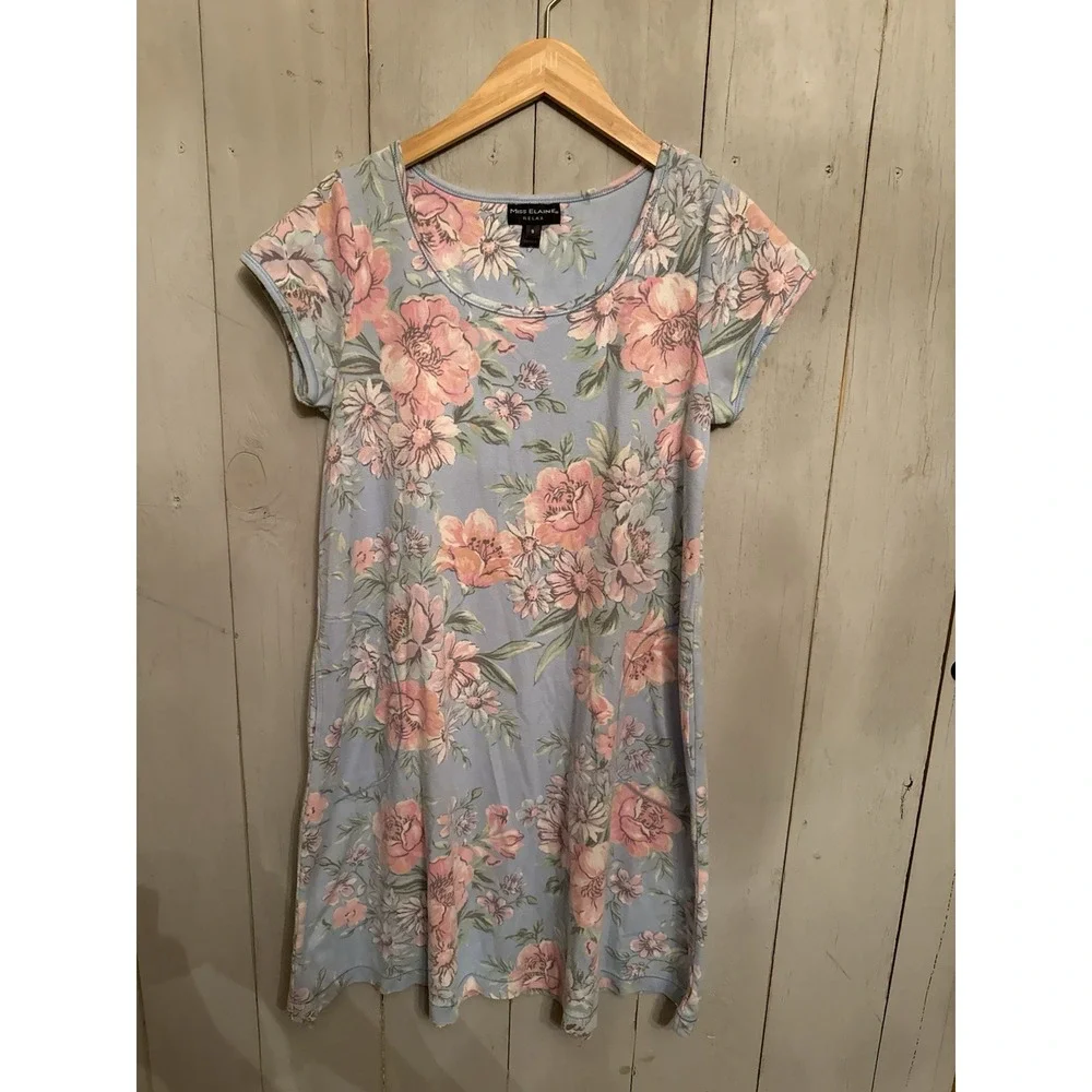 Miss Elaine Relax Pink Floral Short Lounge Gown, Pockets Size Small